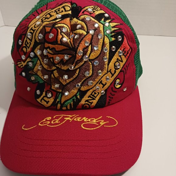 Ed Hardy vintage cap AB rinestones  embroidery big rose os fit all new - Picture 3 of 9